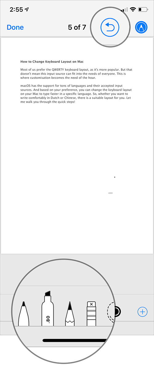 Use Annotation tool to do something and Tap on Undo button in PDF file on iPhone