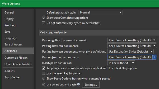 Word Advanced Pasting Settings