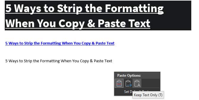 Word Paste Tooltip Options