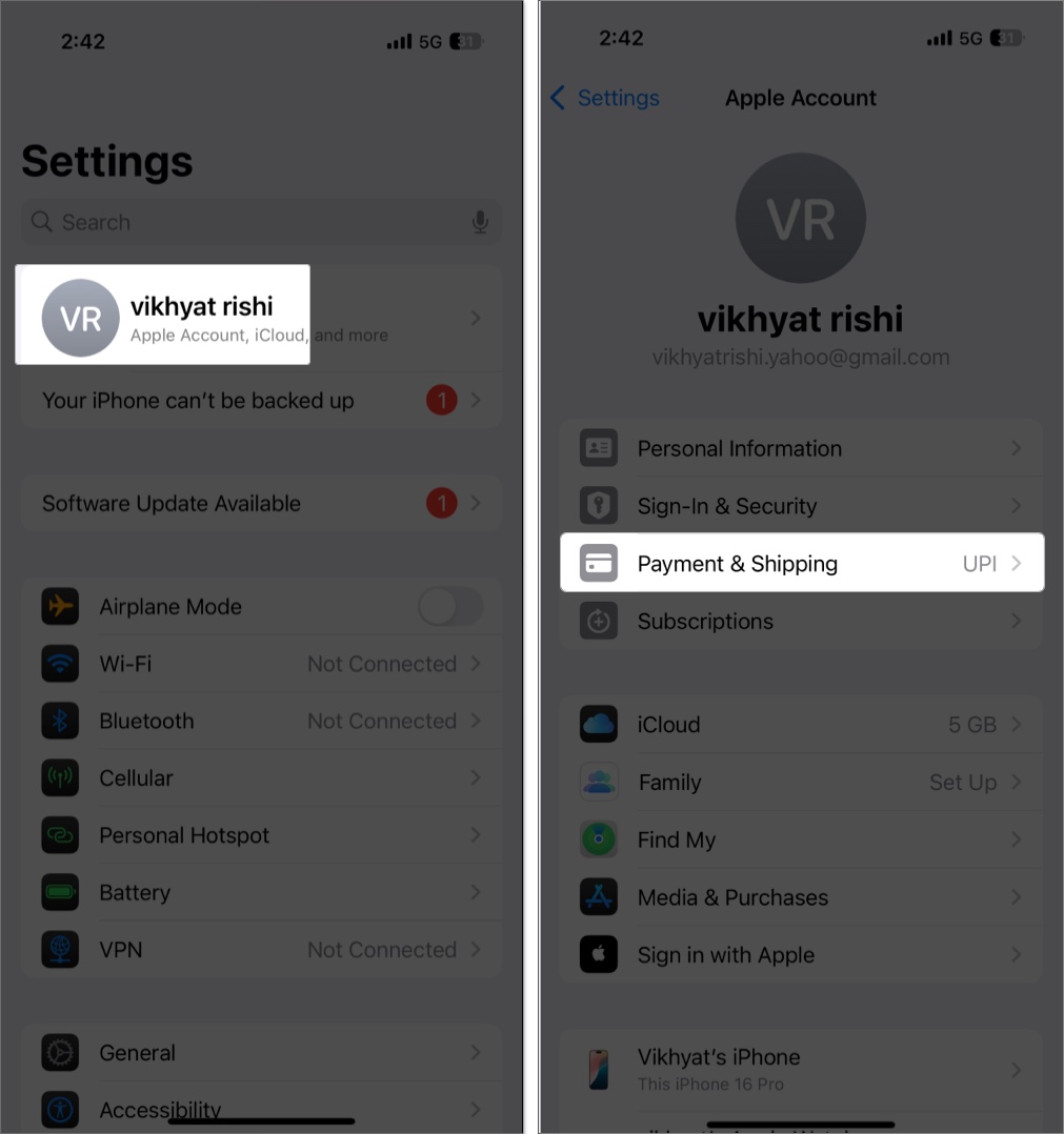 Apple Pay Keeps Asking to Update Shipping Contact Heres How to Fix It Accessing the Apple Account settings page in the iOS Settings app