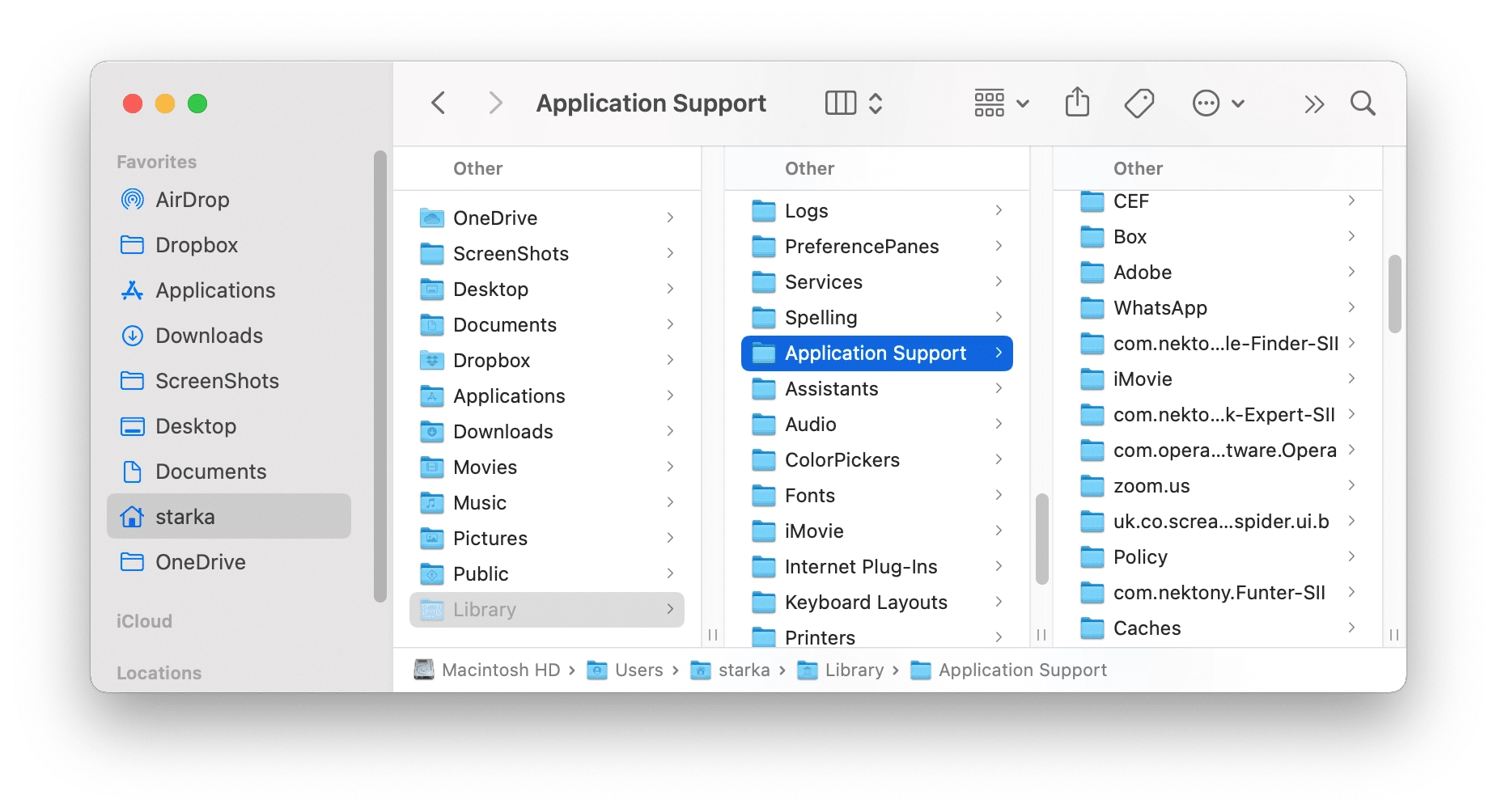 Remove application support files Finder window showing Application Support folder in the Library