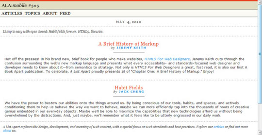 A mobile version of A List Apart.