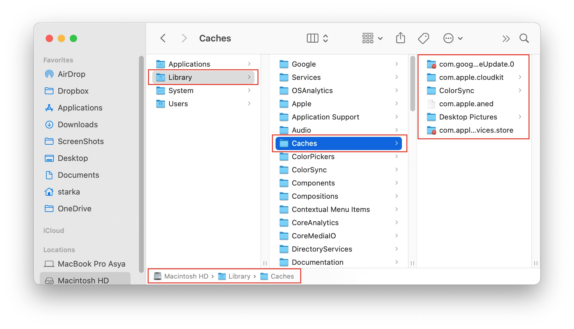 Remove caches to clean up Other Storages Finder window showing cache files