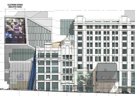 Here is a closer view of the rendering, clearly showing the Apple logo on a store façade. A notation, barely readable here, states that the logo is indicative only.