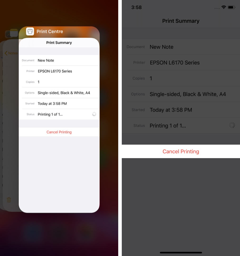 cancel the print using app switcher on iphone