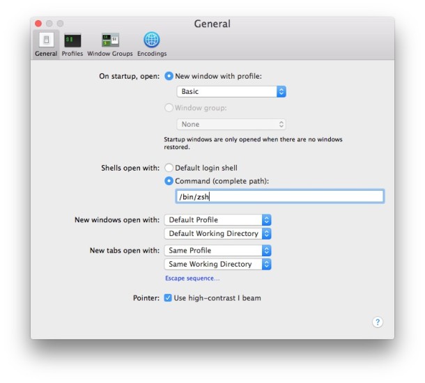 Change Terminal default shell to zsh