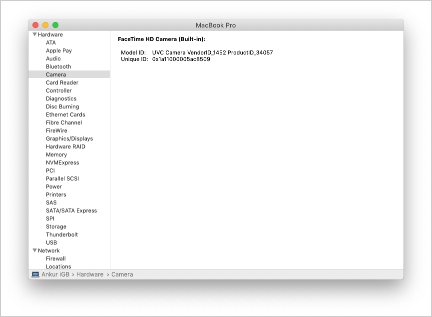 Check Mac's System Report for Camera