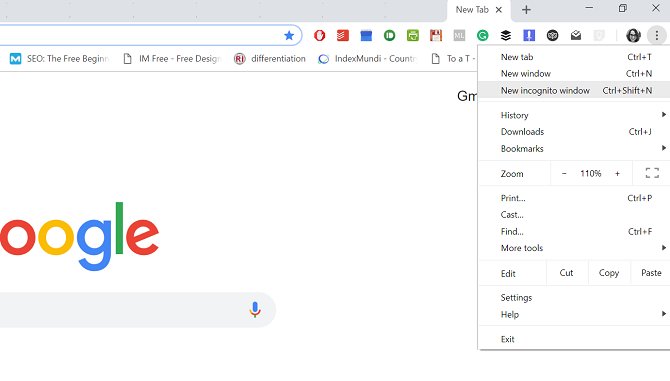 chrome dropdown menu open incognito window