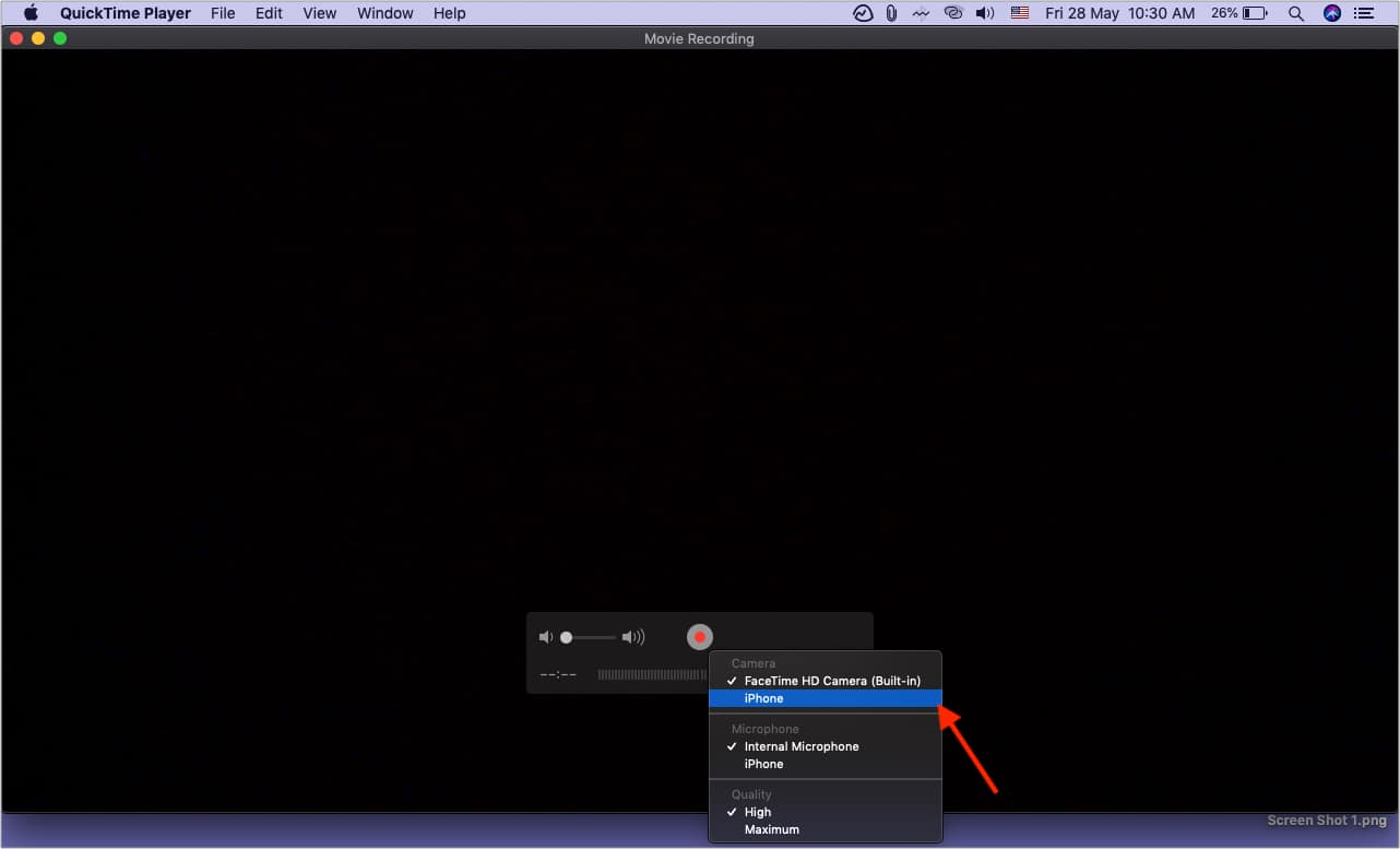 Click tiny arrow and choose iPhone as Camera