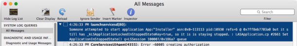 Console log of stuck verifying Mac update