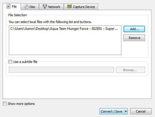 Adding files to convert in VLC