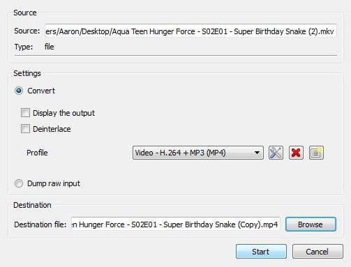 Specifying format and conversion in VLC