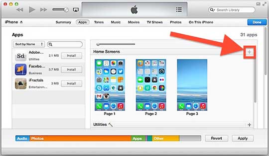 Creating a new blank home screen page in iTunes