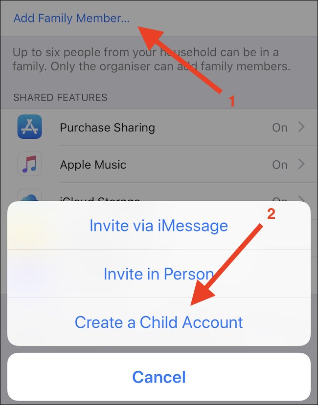 Tap Add Family Member, followed by "Create Child Account."