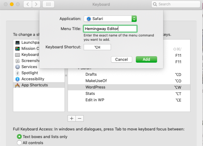 create custom shortcut for bookmark in Safari on Mac