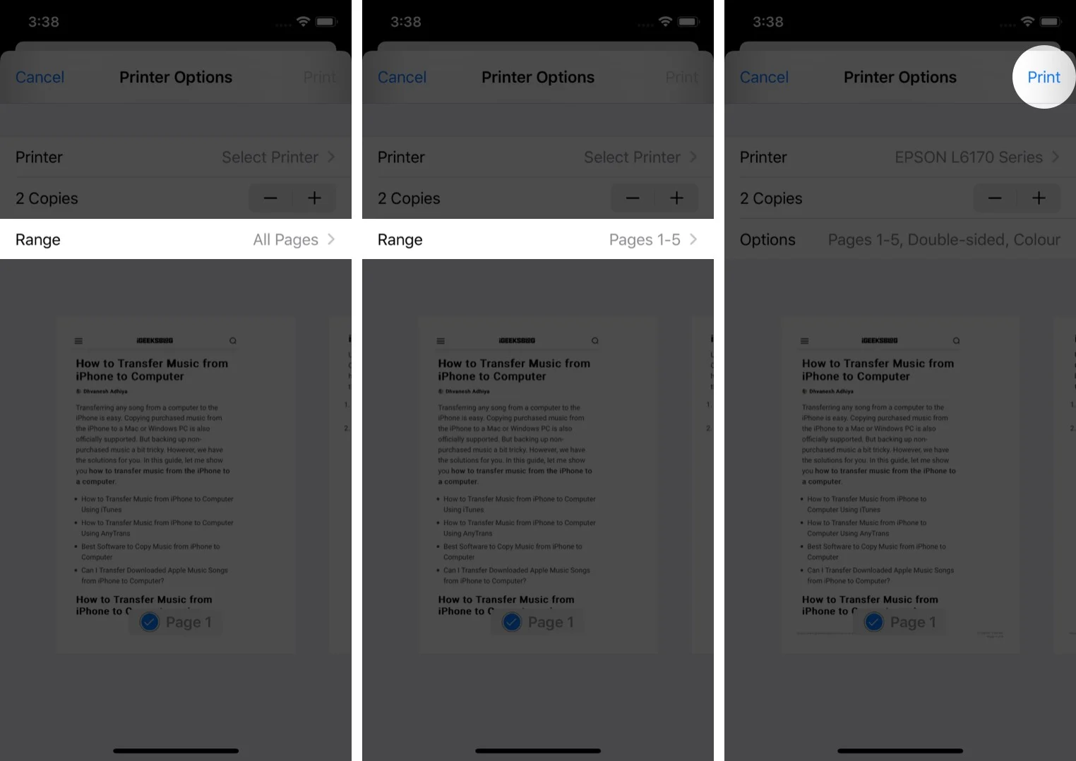 customize option and tap on print to print from iphone with airprint