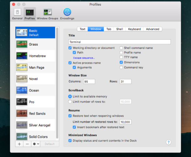 customize Terminal window attributes