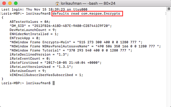 Running the defaults read command for a specific app on a Mac