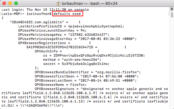 Running the defaults read command on a Mac