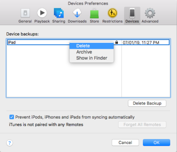 delete ios backup from itunes