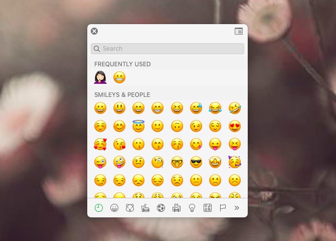 Emoji viewer popup pane on macOS