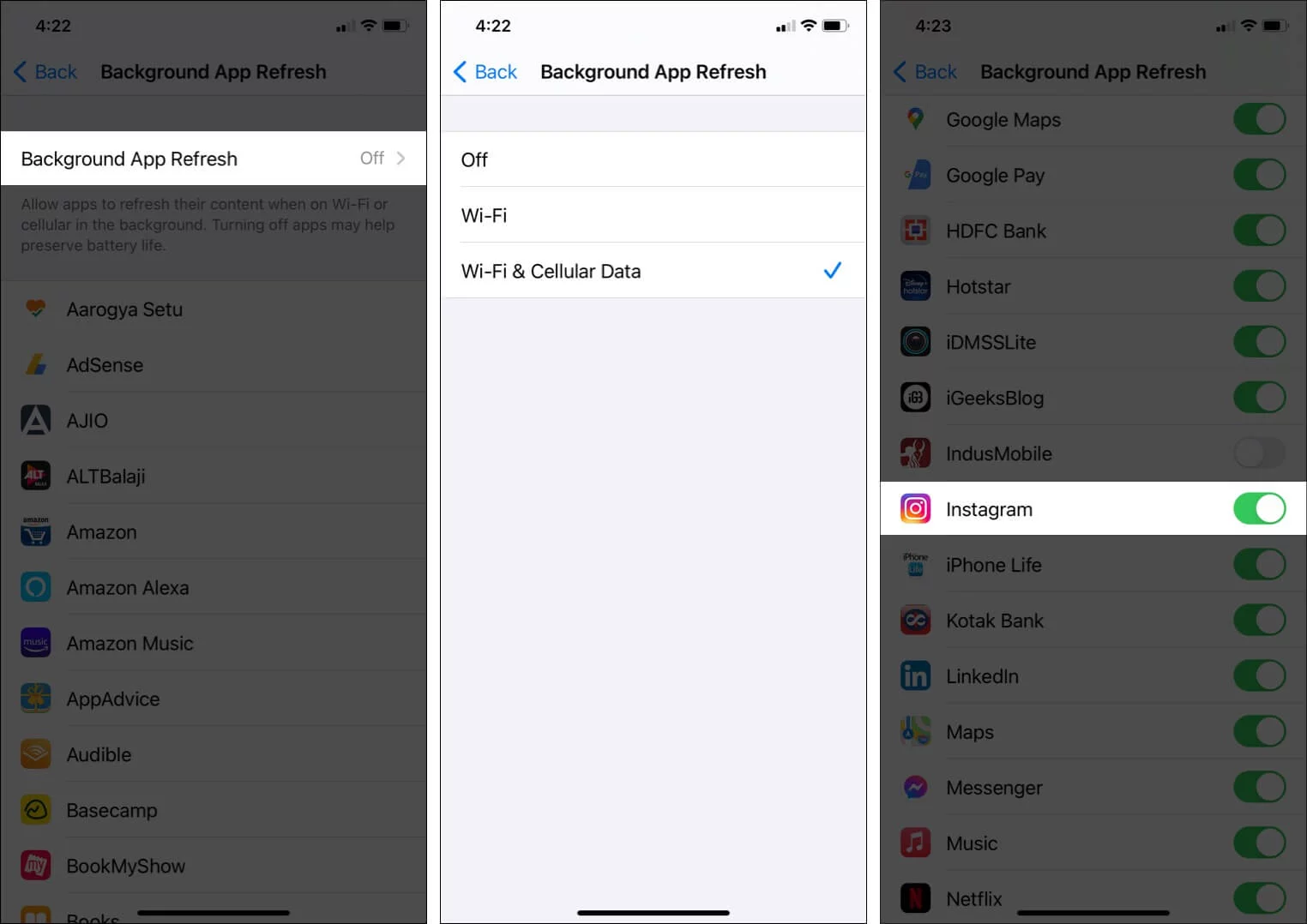 Enable background refresh for Instagram app on iPhone