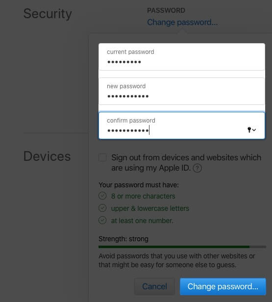 Enter New Password and Click on Change Password in Apple ID