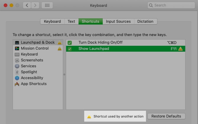 Error message in macOS settings to highlight clashing shortcuts