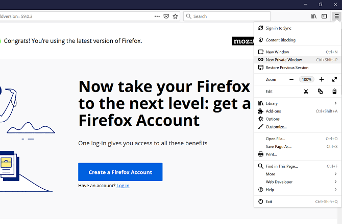firefox dropdown menu private browser mode