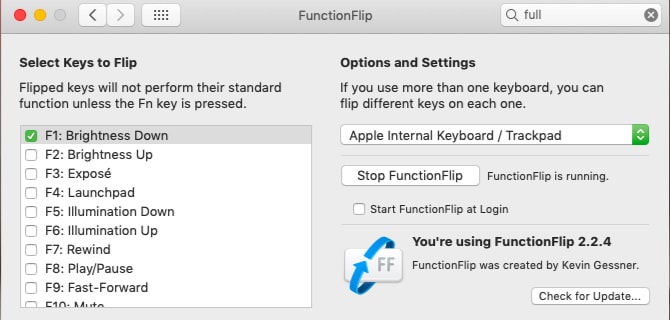 Settings pane for FunctionFlip app on macOS