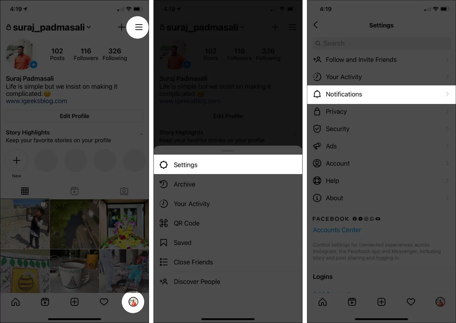 Go to Instagram Settings and tap Notifications