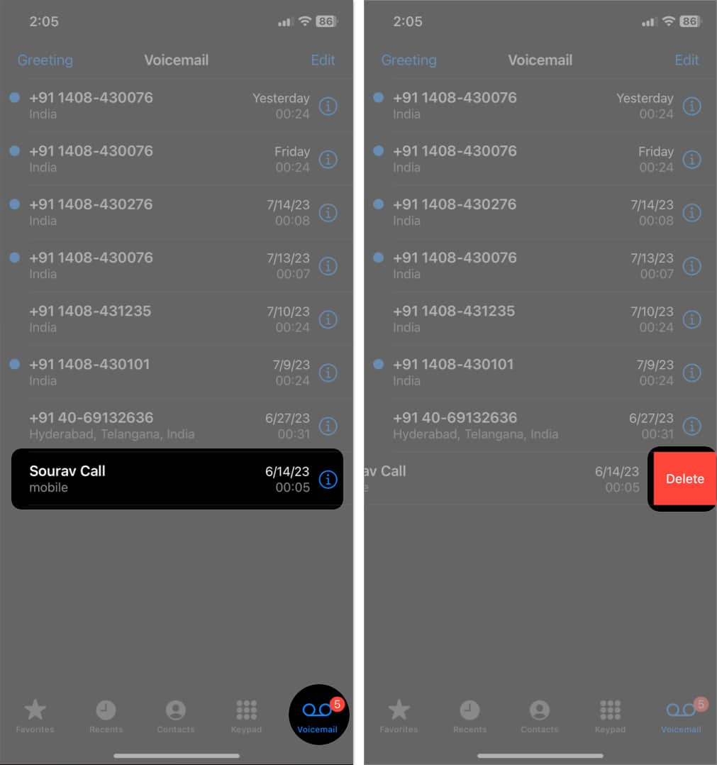 go to voicemail, swipe left a voicemail, tap delete in phone