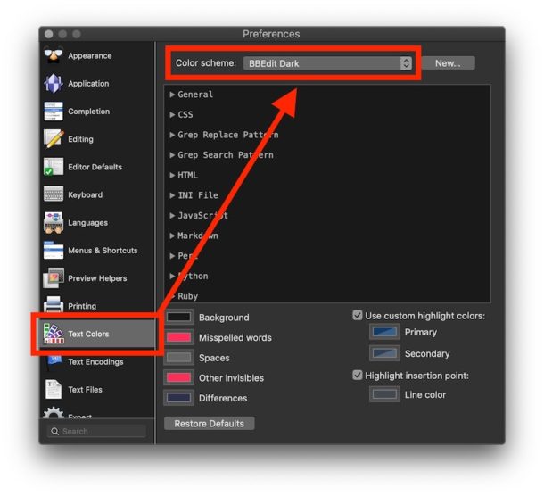 Browse and access the BBEdit dark color themes