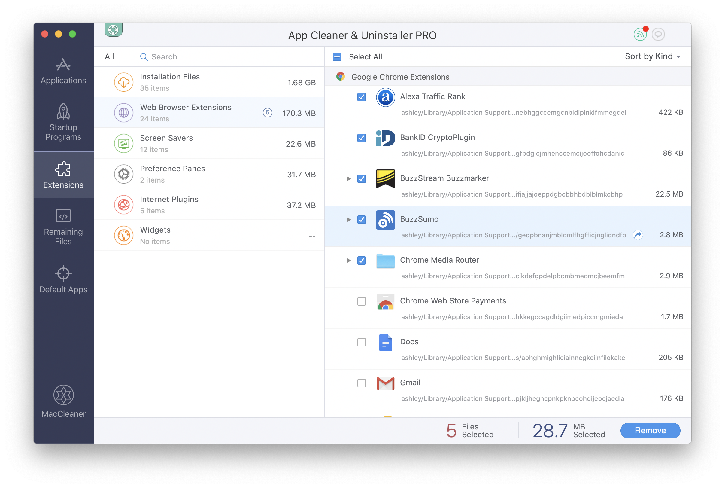 Remove extensions App Cleaner & Uninstaller showing extensions on Mac