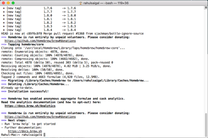 successful installation of homebrew