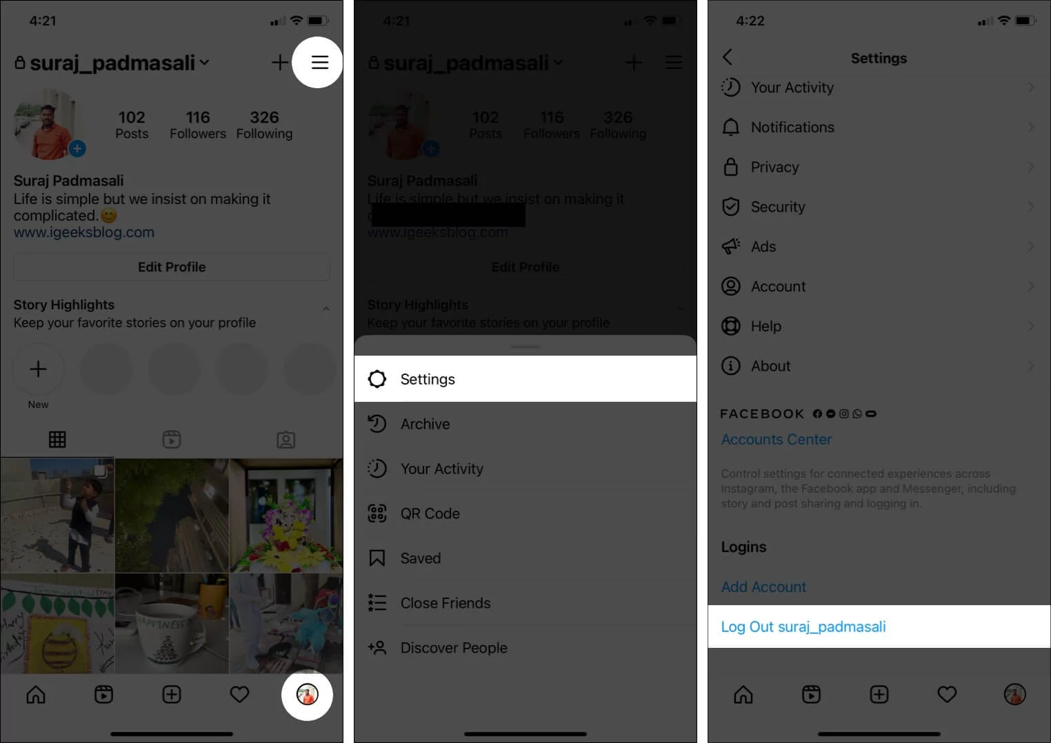 Logout from your Instagram account
