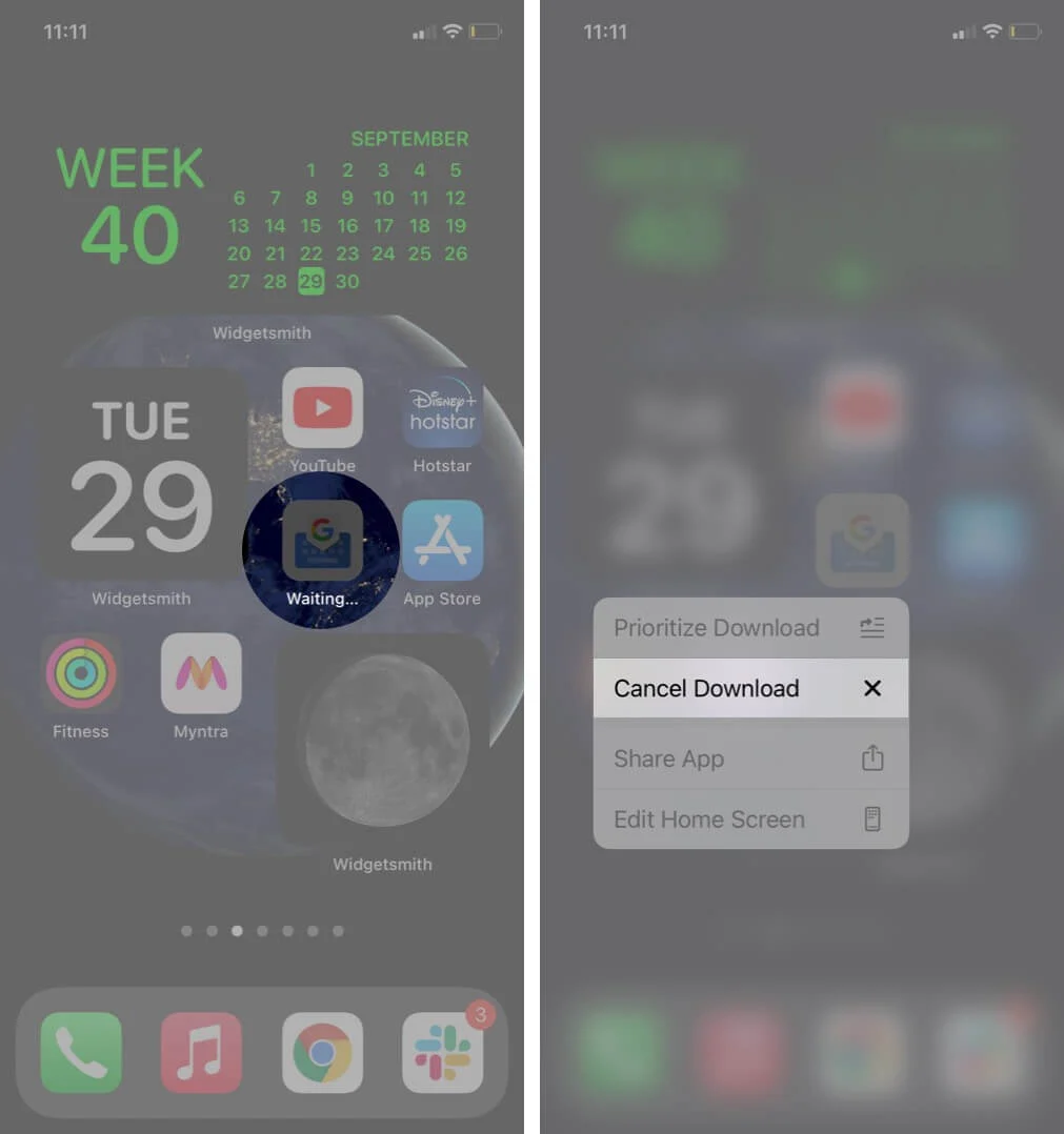 long press on downloading app and tap on cancel download on iphone
