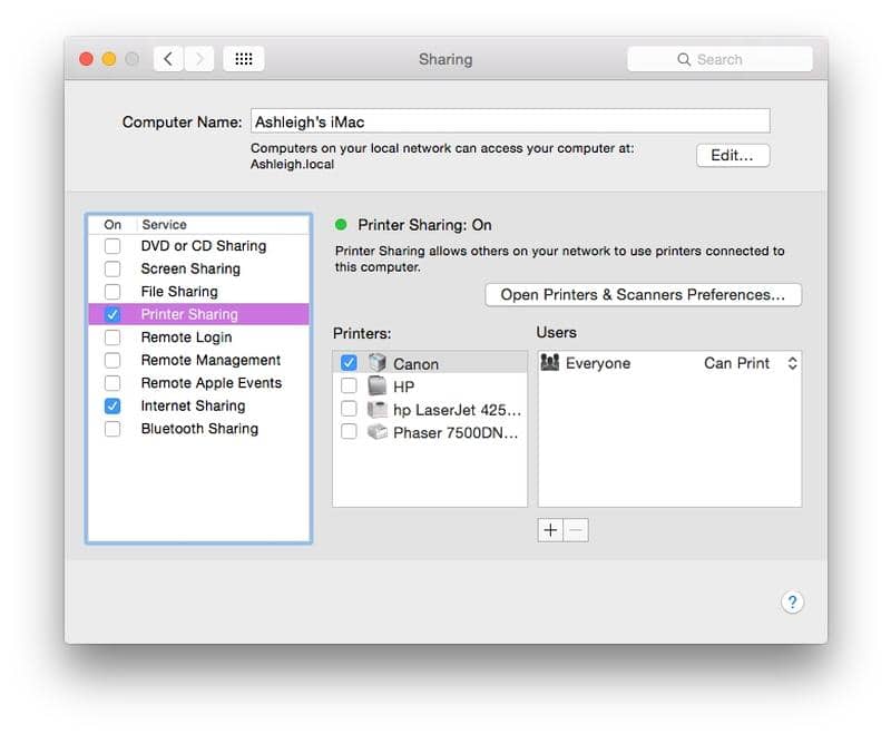 Printer Sharing, Remote Login and Remote Management