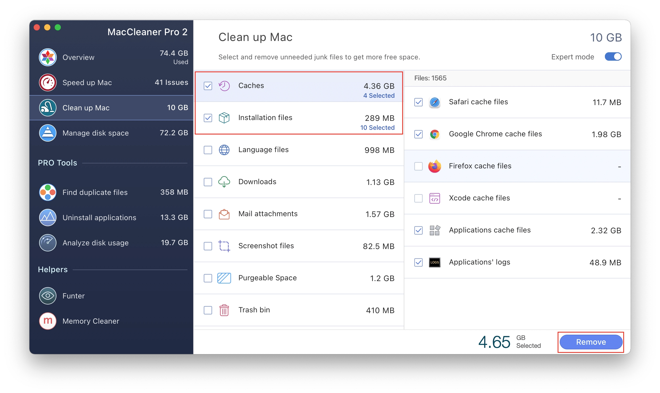 Remove caches and installation files with MacCleaner Pro MacCleaner Pro with caches and installation files highlighted