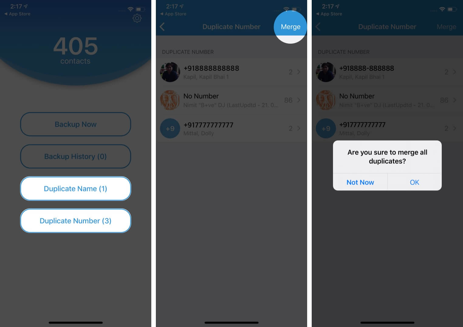 merge all duplicate contacts using contact manager & backup app on iphone