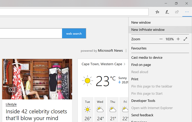 microsoft edge inprivate window dropdown menu