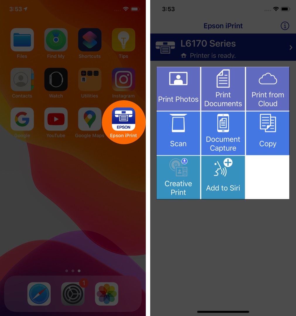 open printer app on iphone and select preferred option
