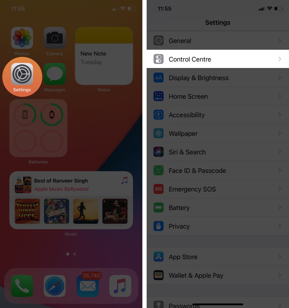 open settings and tap on control center on iphone