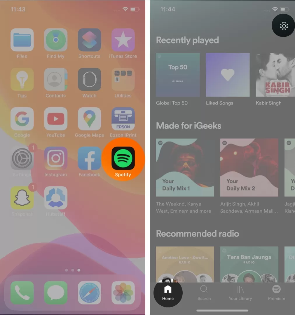 open spotify app tap on settings in home tab on iphone