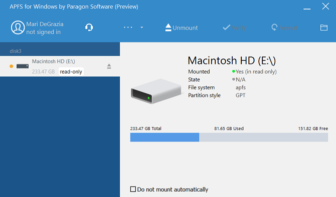paragon apfs windows hard drive mounted