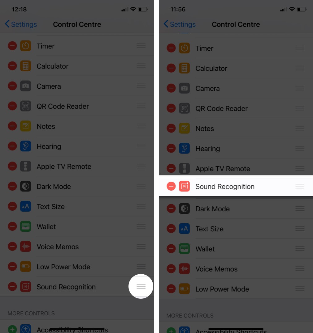rearrange sound-recognition in control center on iphone running ios 14