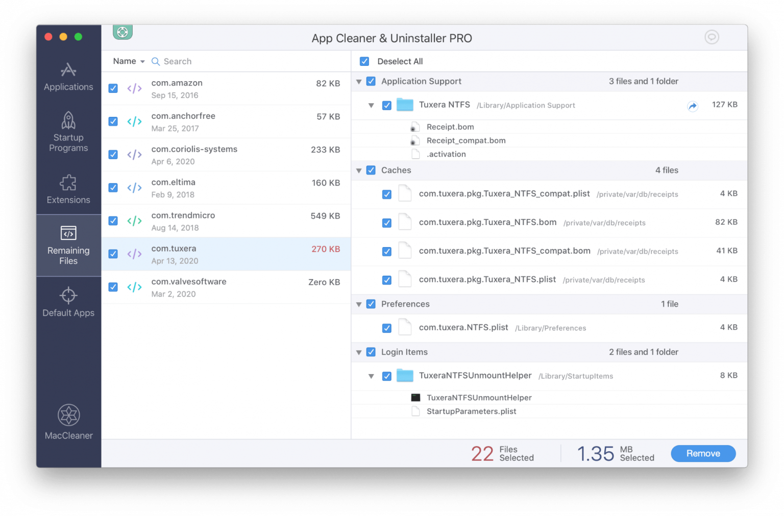 Remove support files of previously deleted applications App Cleaner & Uninstaller showing remaining files