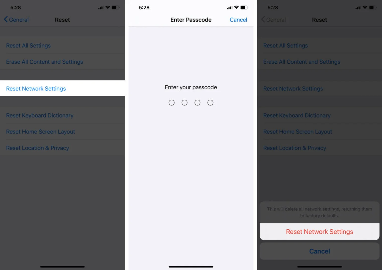 reset network settings on iphone