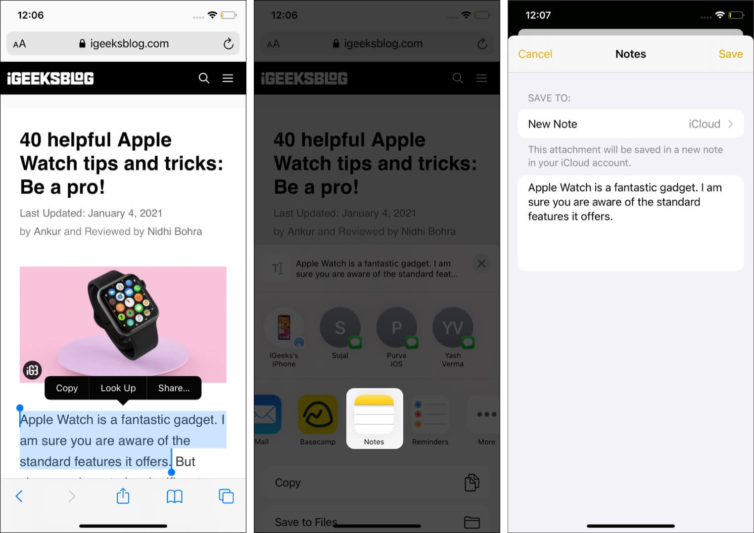 Select Text from Safari and Add it to Notes