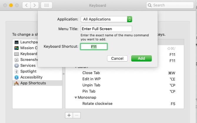 Shortcut creation to enter full screen on macOS